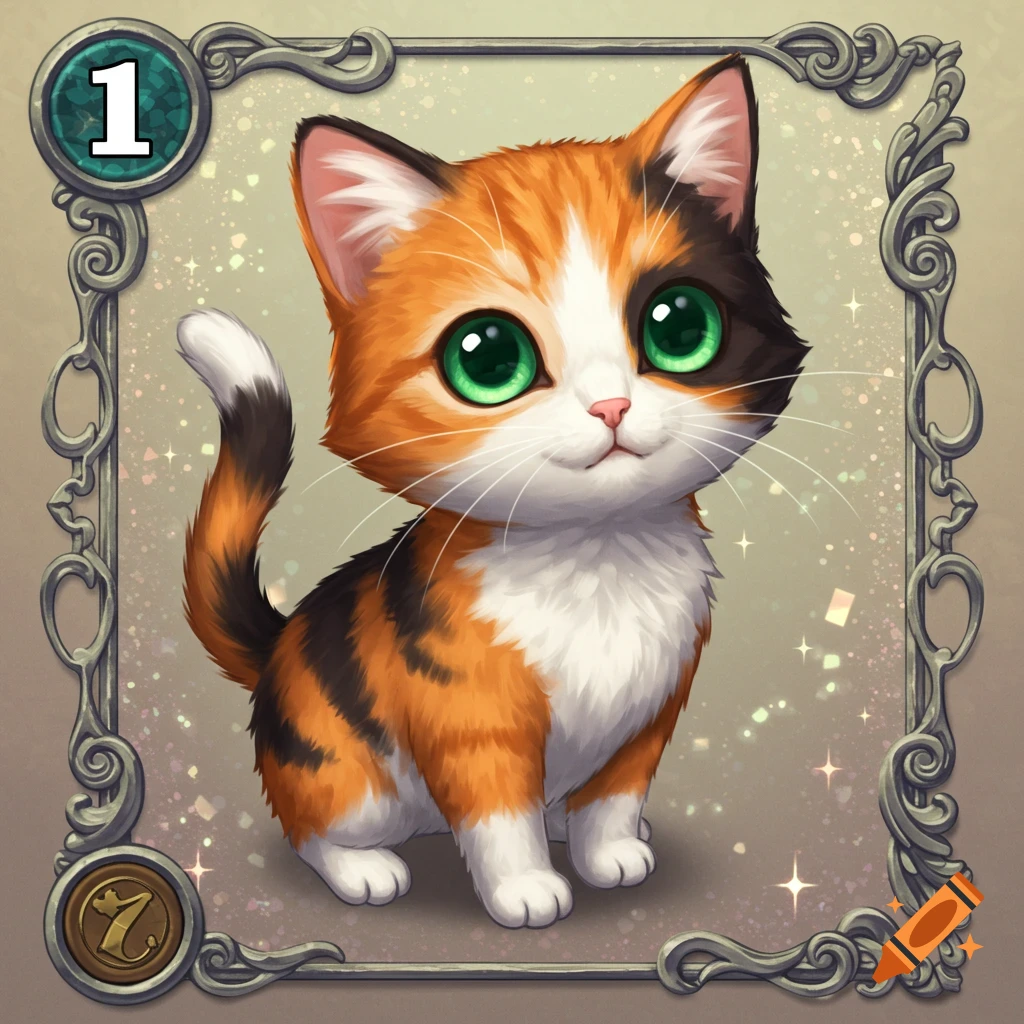 A cute calico kitten with large green eyes, depicted as an avatar on an ornate trading card with the number 1.