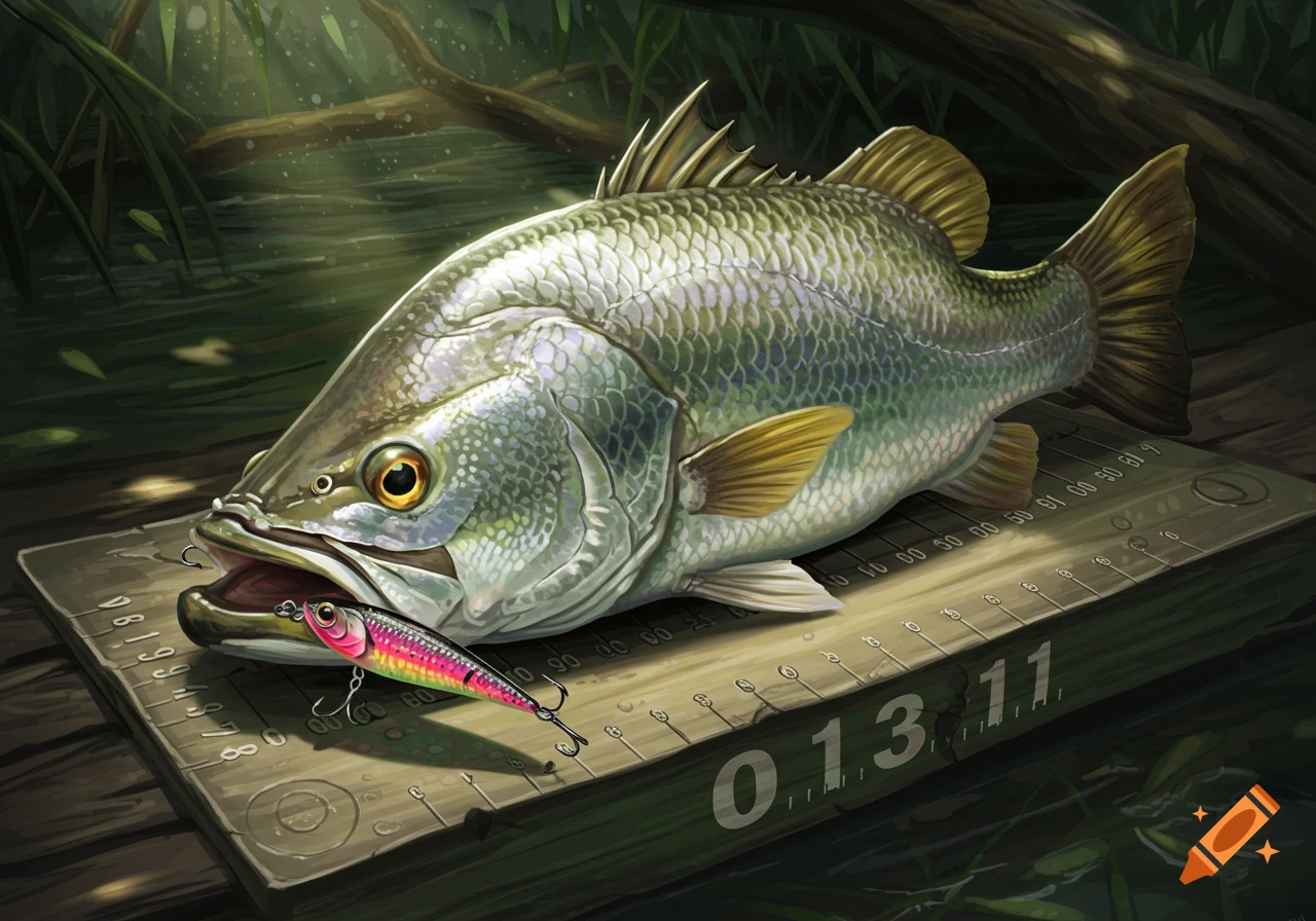 A large Barramundi fish with a colorful fishing lure in its mouth, lying on a wooden measuring board in a swampy environment. Illustrated.