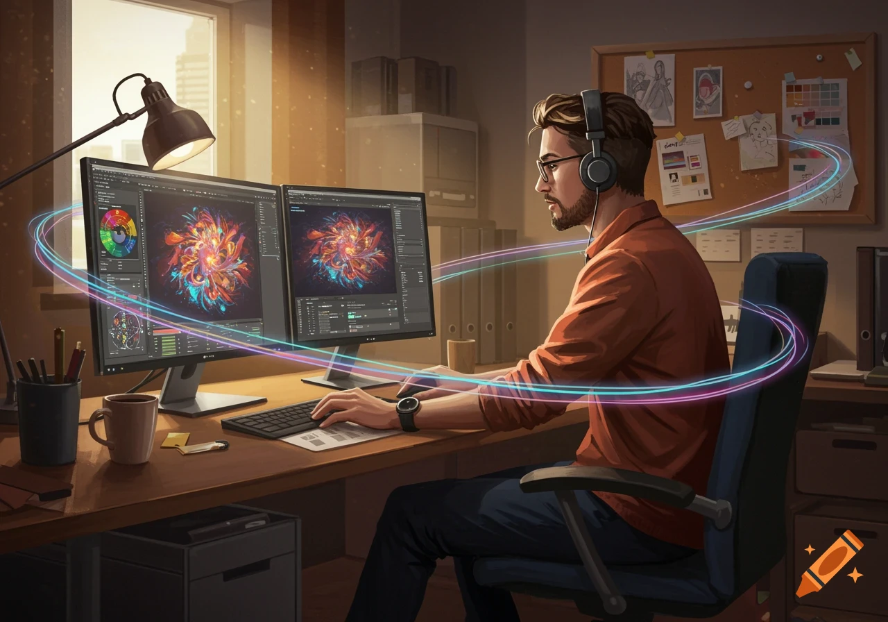 A man with headphones works at a desk with dual monitors displaying creative software, stylized with glowing lines.