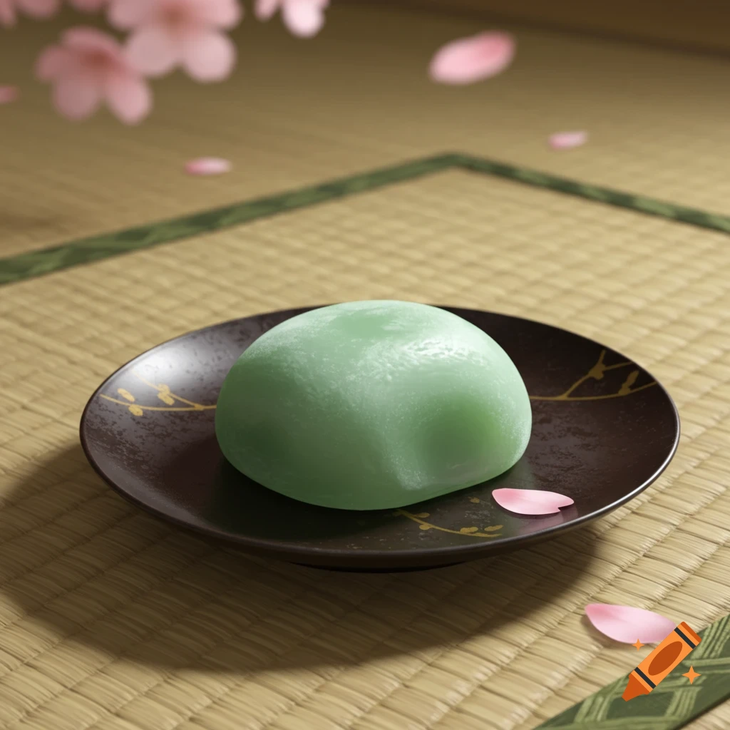 A vibrant green mochi on a dark plate, placed on a tatami mat, with blurred pink cherry blossoms in the background.