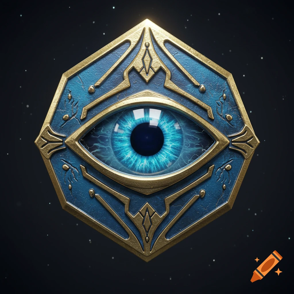 Ornate blue and gold badge featuring a detailed bright blue eye with reflections, set against a dark, starry background.