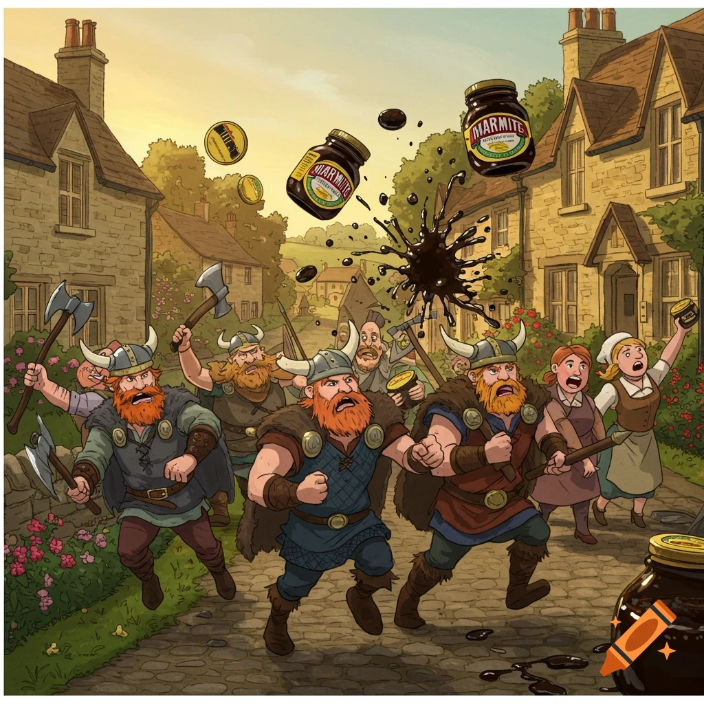 Cartoon style image showing Viking warriors charging through a village, while villagers throw jars of Marmite at them causing explosions.