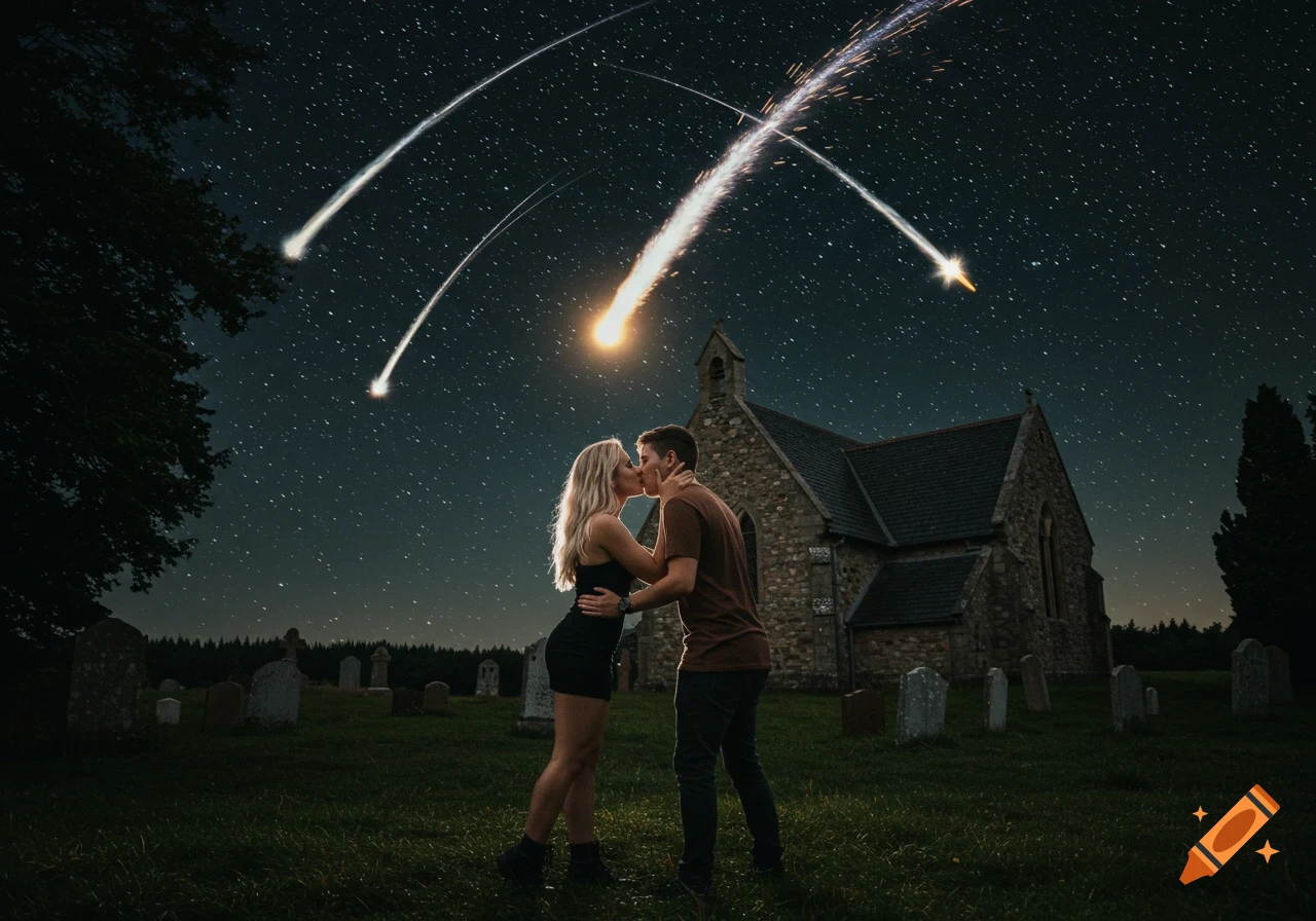 A couple kisses in a graveyard at night under a starry sky with meteors and an old church in the background, photorealistic style.