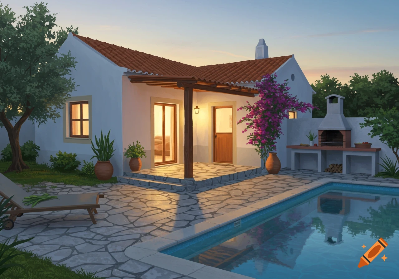 A charming traditional Algarve house with a red tiled roof, a stone patio, swimming pool, and barbecue area at sunset.