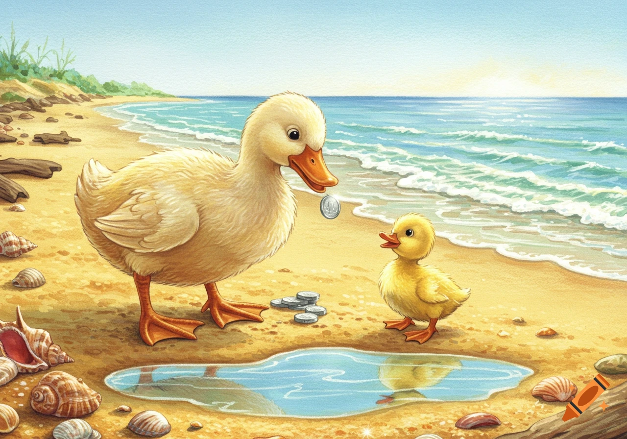 A mother duck offers a shiny coin to her duckling on a sandy beach with seashells and driftwood, with the ocean in the background, in a children's storybook illustration style.