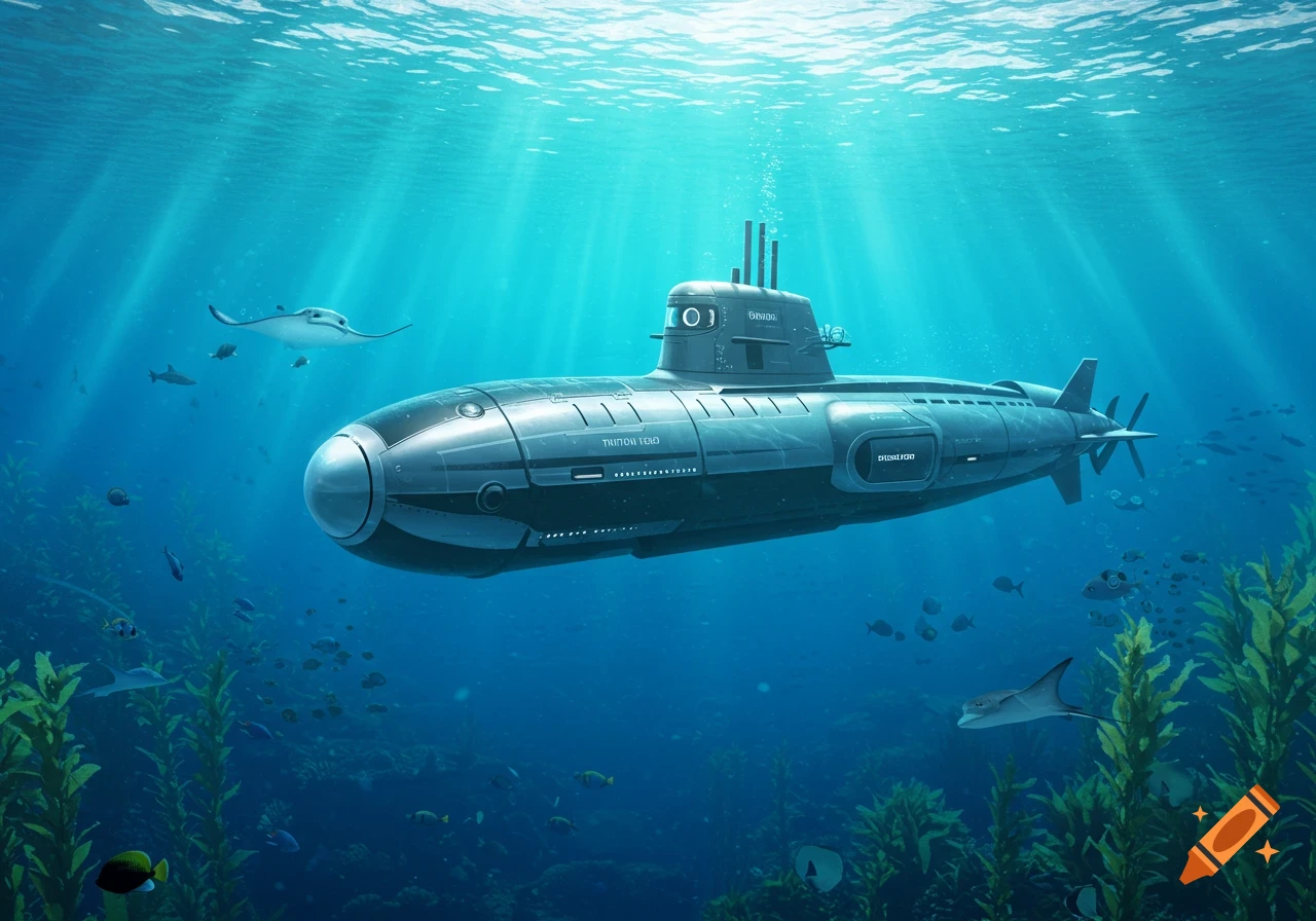 A photorealistic image of a Triton 1650 submarine submerged in clear blue ocean water, with sunlight beams, fish, and kelp.