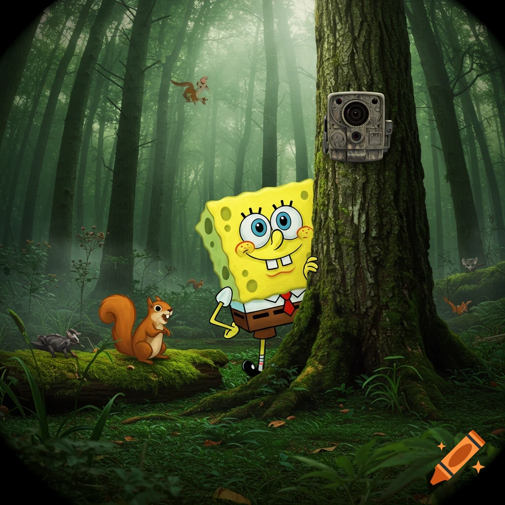 Spongebob Squarepants peeking from behind a mossy tree in a lush, misty forest, with a squirrel and a trail camera.