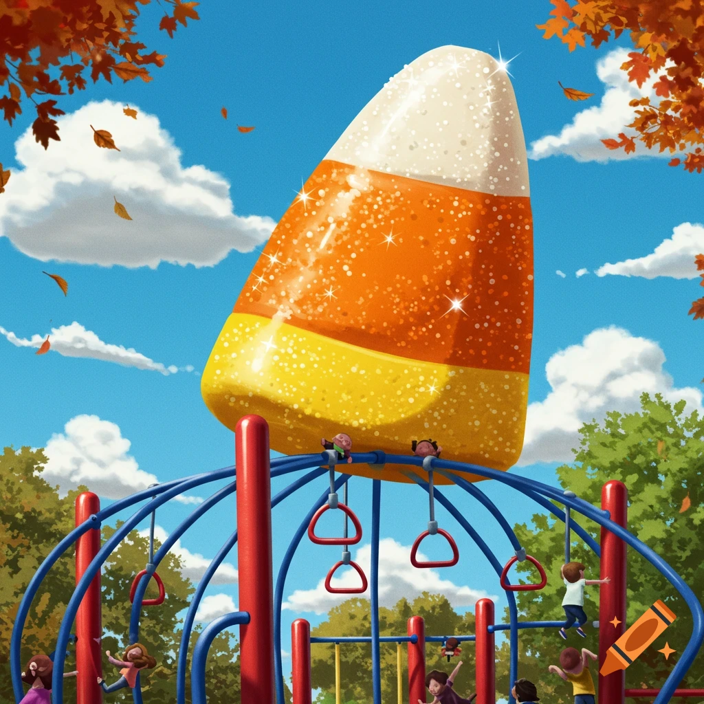 A giant, sparkling candy corn sits atop a bright red and blue playground with children playing beneath autumn leaves.