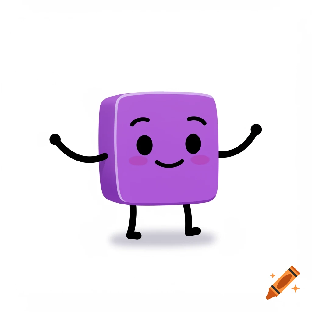 A smiling purple square character with black stick arms and legs, black circle eyes, and pink blushing cheeks on a white background.