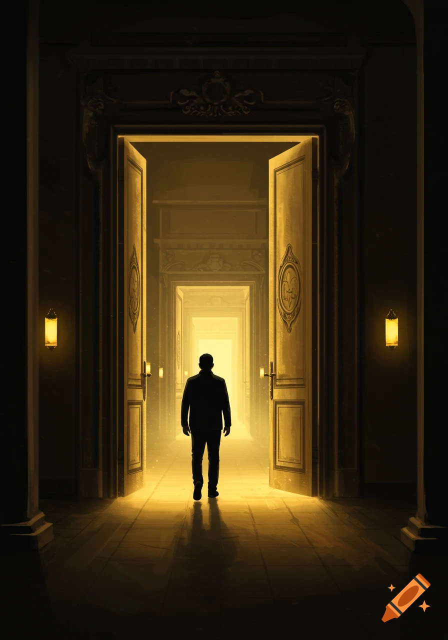 A lone man's silhouette walks through open, ornate doors into a brightly lit, long hallway, symbolizing a journey.