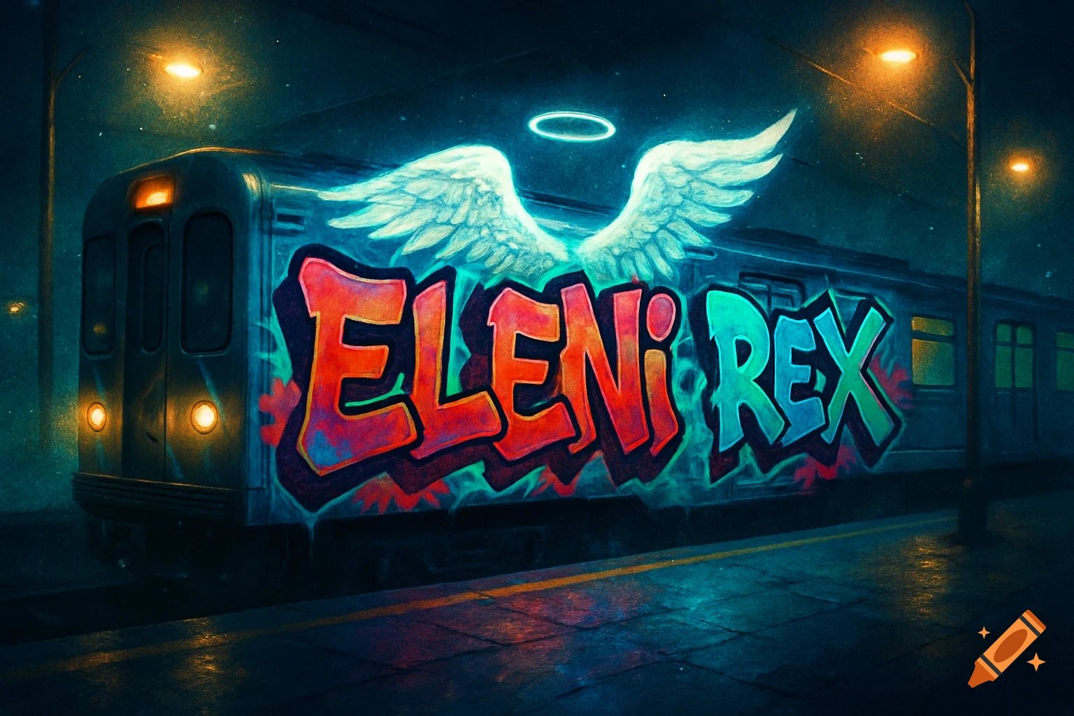 A dark, stylized image of a train car covered in colorful graffiti that reads "ELENI REX" with glowing white angel wings and a halo above it. Streetlights illuminate the scene.
