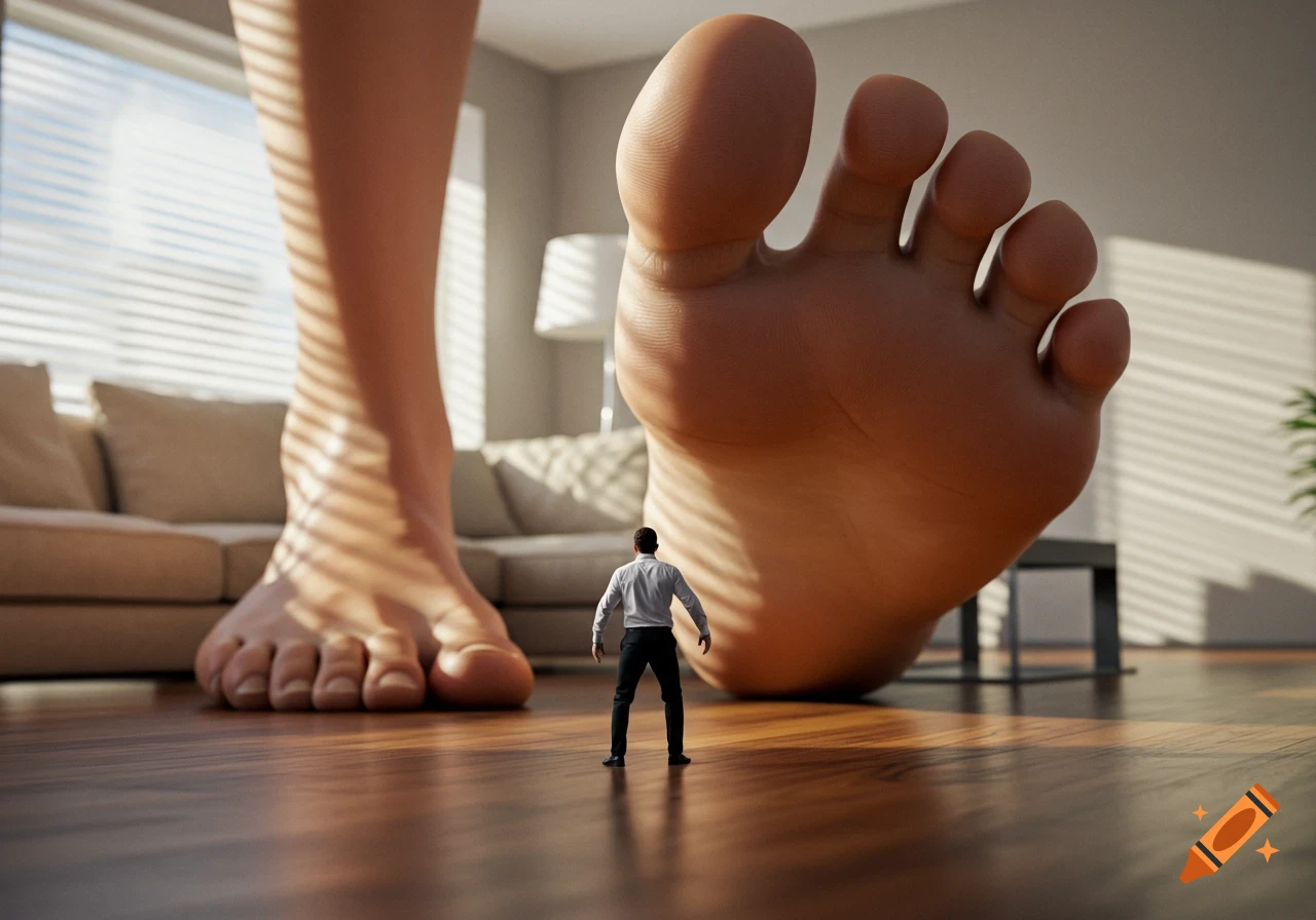 A tiny man stands on a wooden floor, looking up at two enormous human feet in a living room, bathed in sunlight from a window.