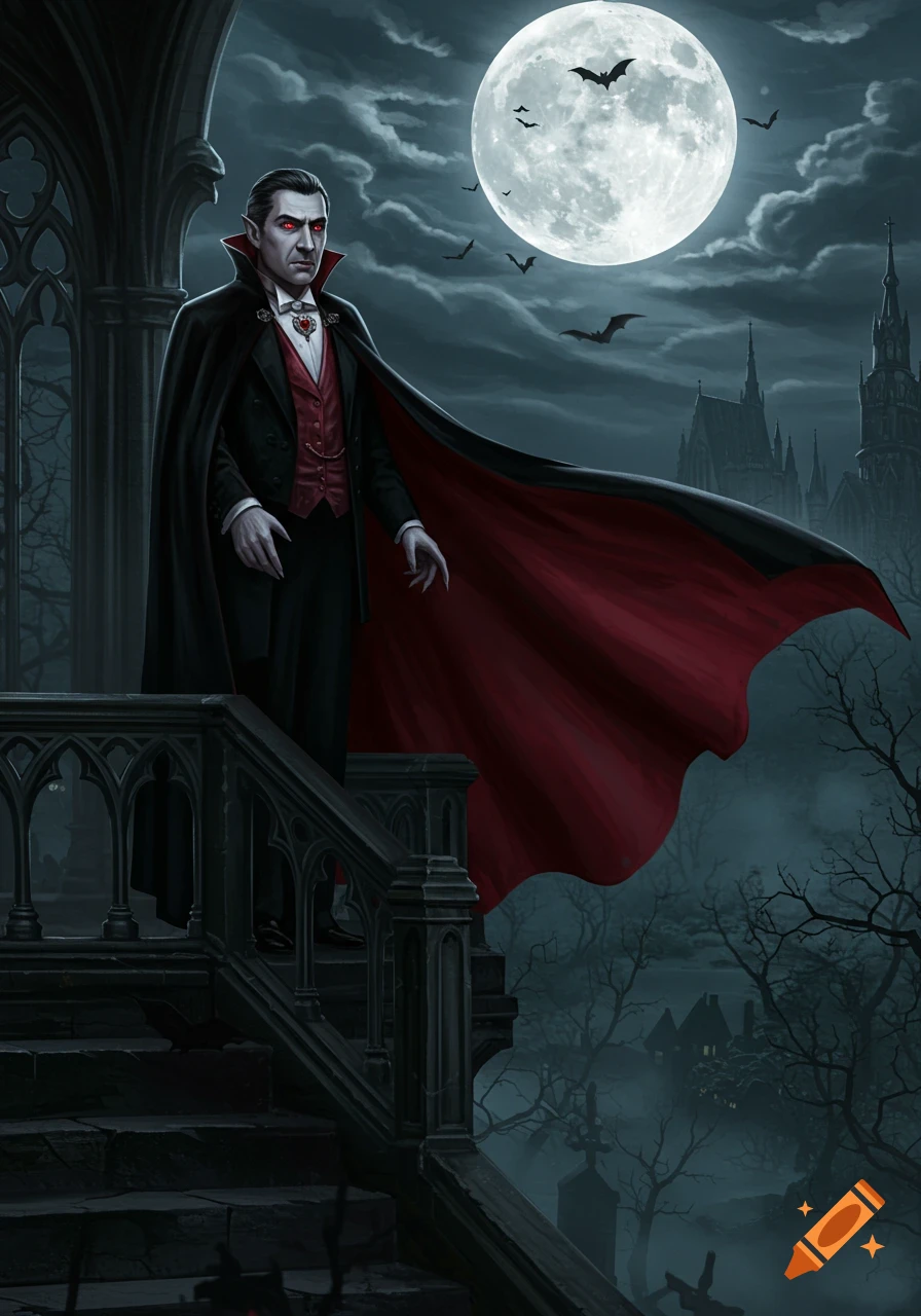 A vampire in a black and red cape stands on a gothic balcony under a full moon with bats flying, a castle in the background.