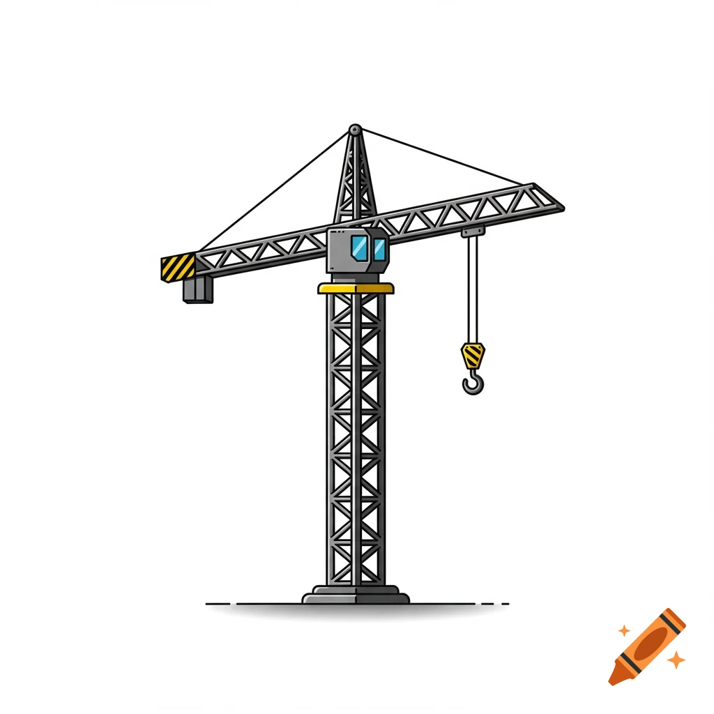 A vector illustration of a grey tower crane with yellow accents and a hook, set against a plain white background.