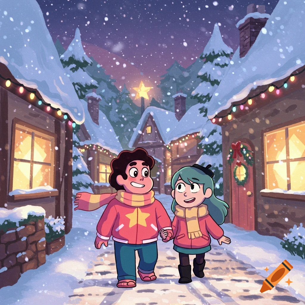 Cartoon characters Steven Universe and Hilda walk hand-in-hand through a snowy, festive village.