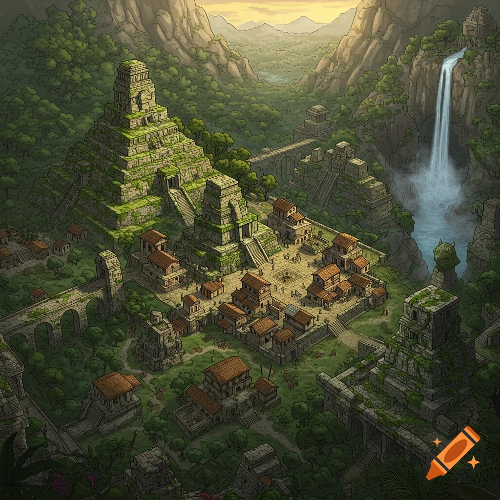 An illustrated isometric map of an ancient stone temple city nestled in a lush jungle valley with a waterfall.