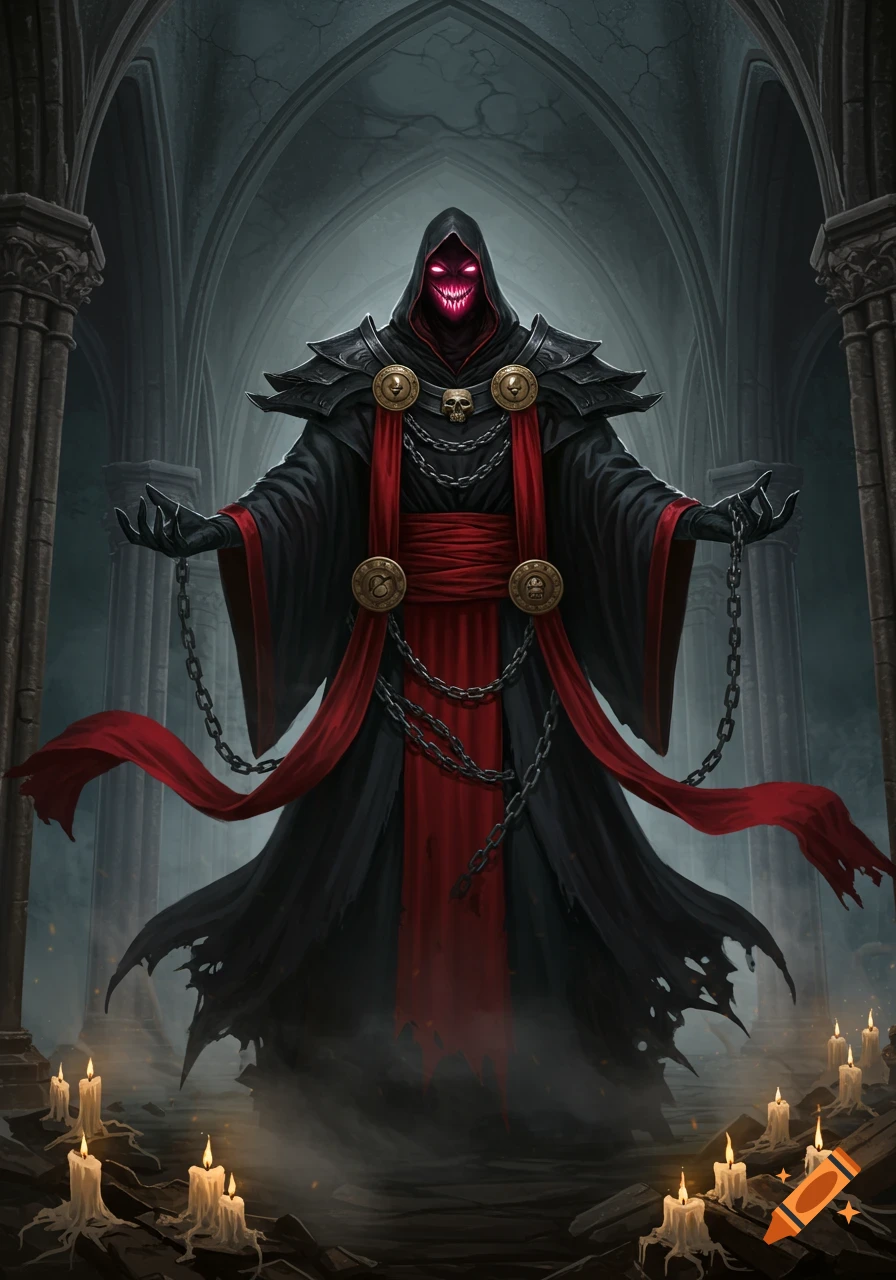 A tall, dark fantasy villain in black and red robes with chains, glowing red eyes, and a terrifying smile, standing in a candlelit ruined chapel.