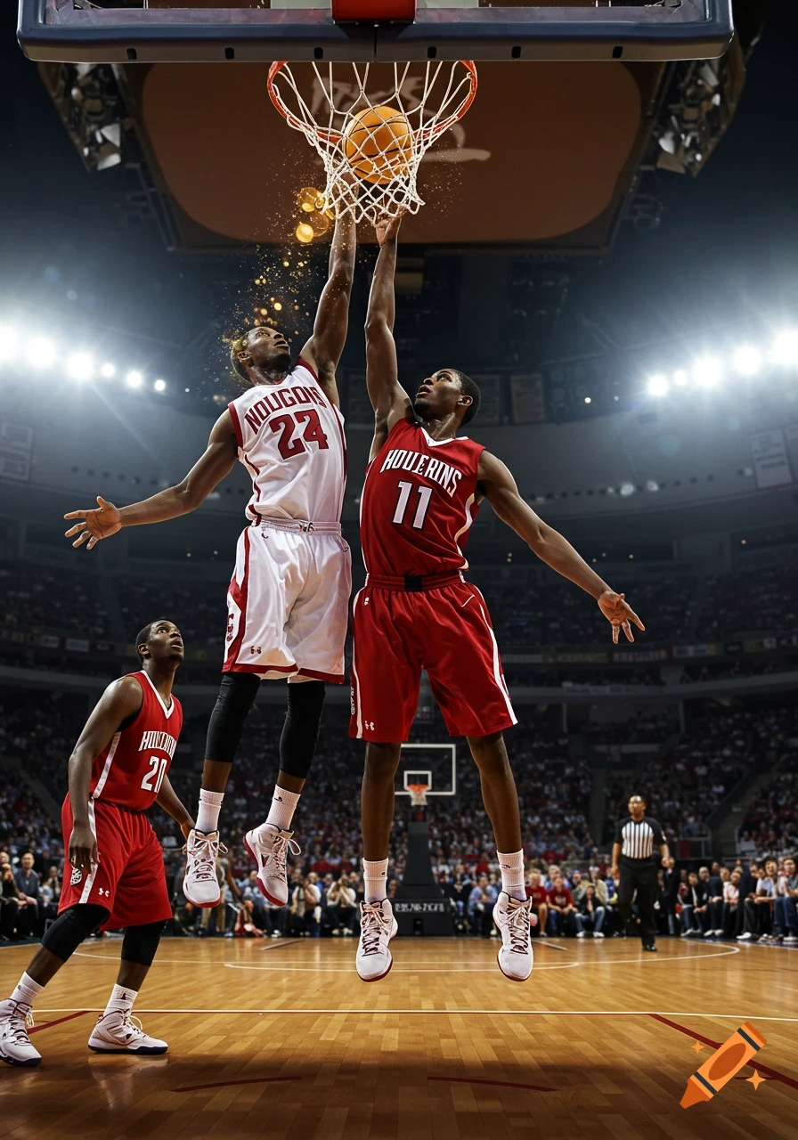 Two basketball players jump at the hoop to block or make a shot, as a ball goes through the net, during a game in a large arena.
