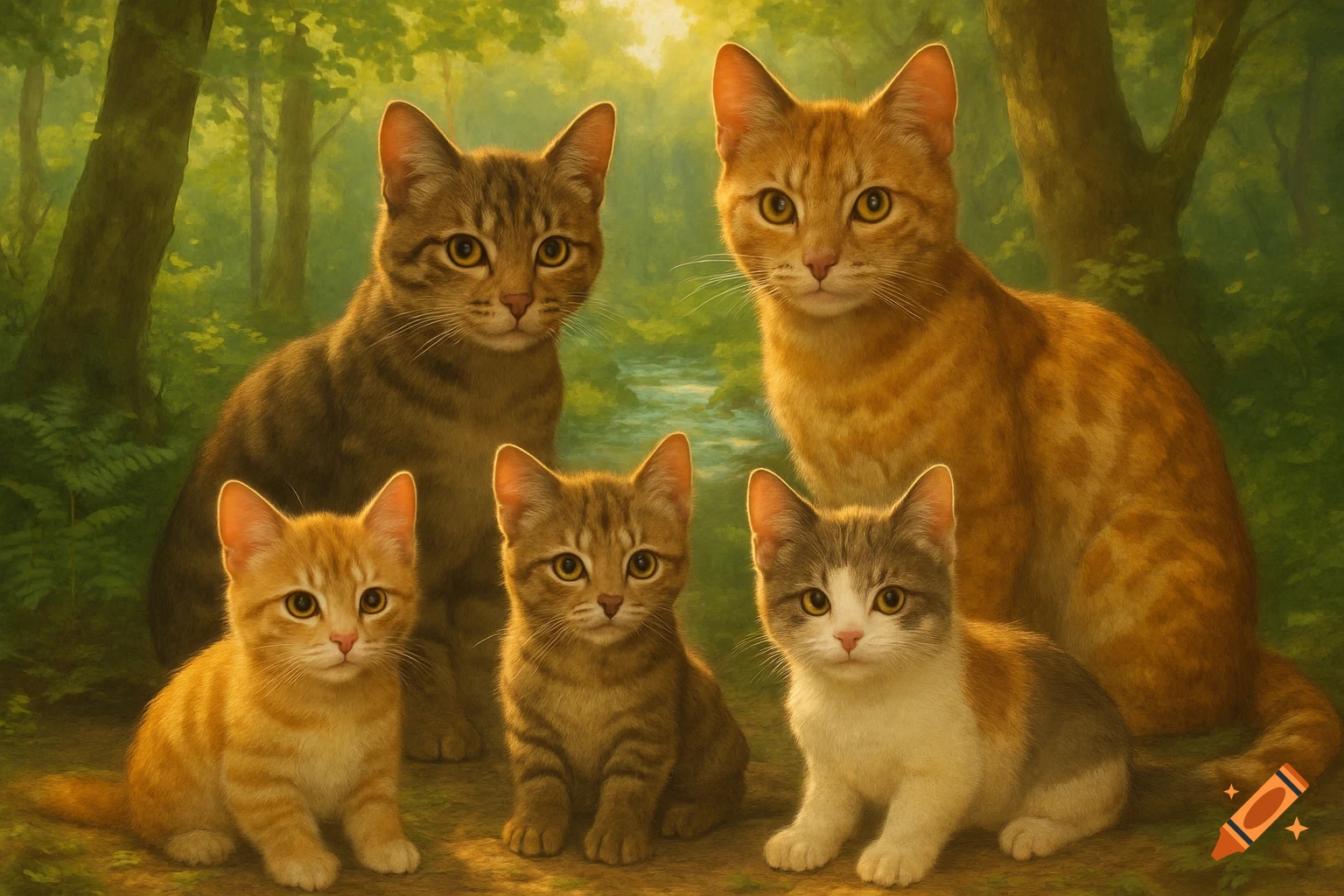 Two adult cats and three kittens sit in a lush, green forest with a stream in a photorealistic style.