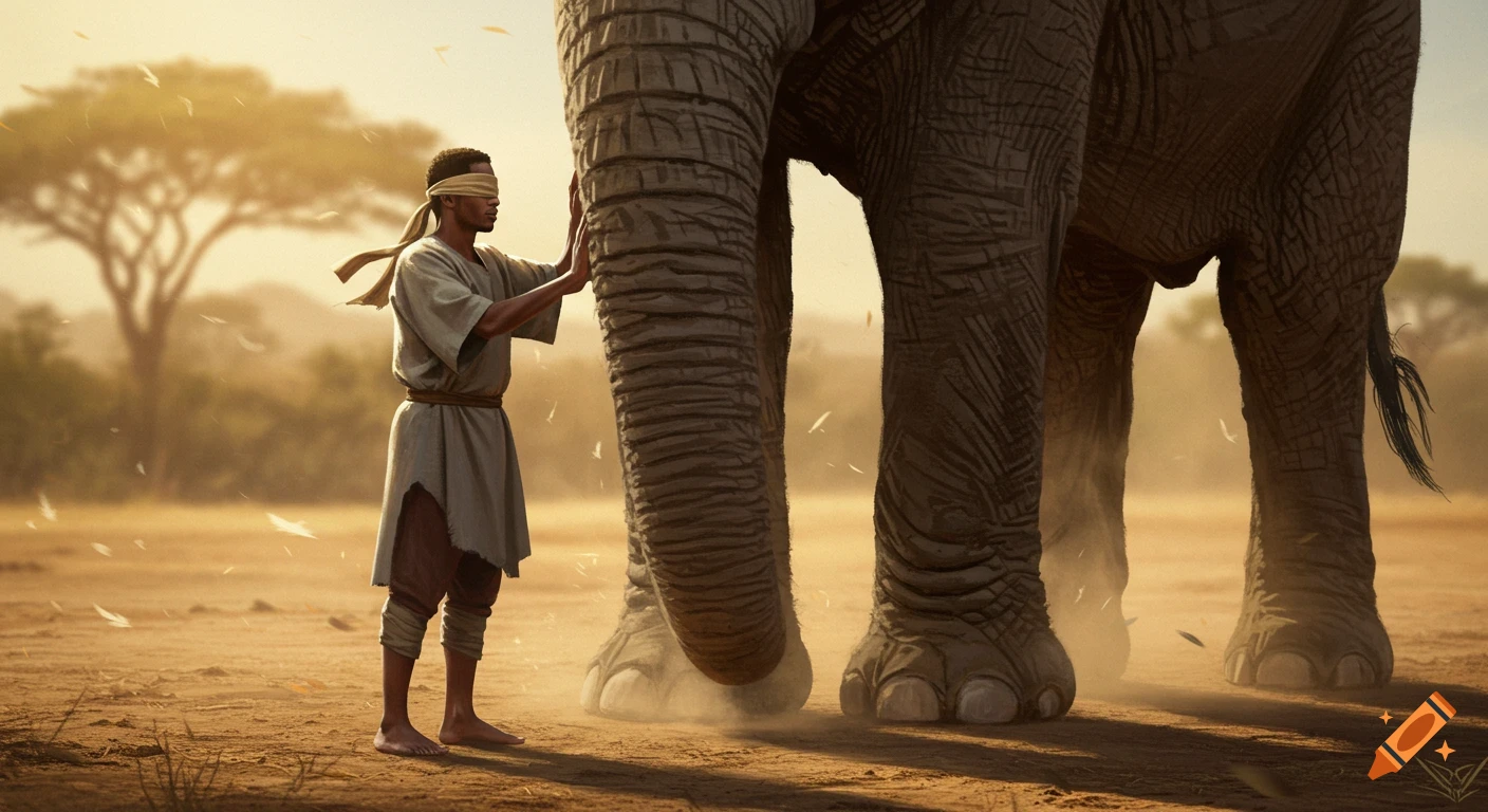 Blindfolded man in a tunic touching an elephant's leg in a dusty, golden-hour savanna, photorealistic style.