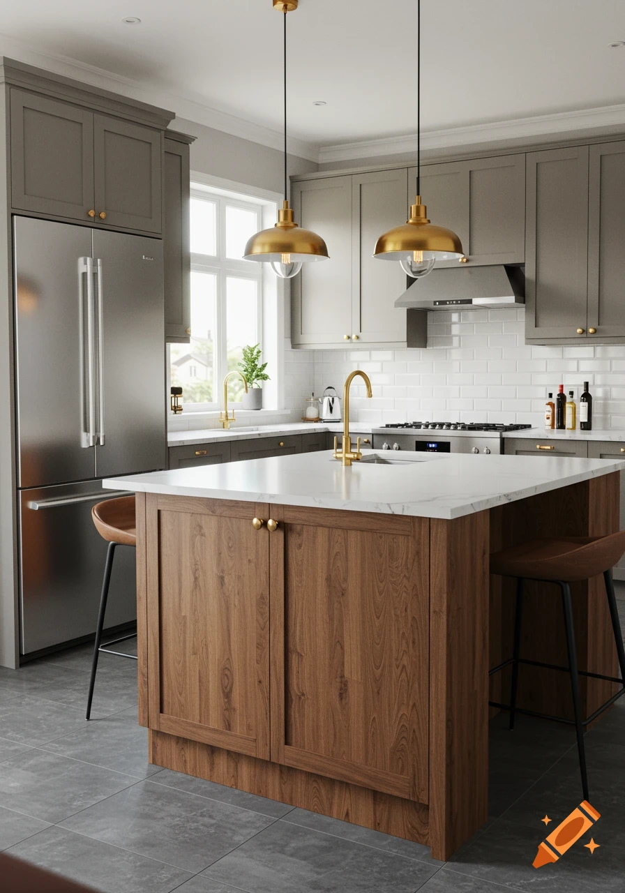 A photorealistic image of a modern kitchen with grey cabinets, a wood island, white countertops, and stainless steel appliances.