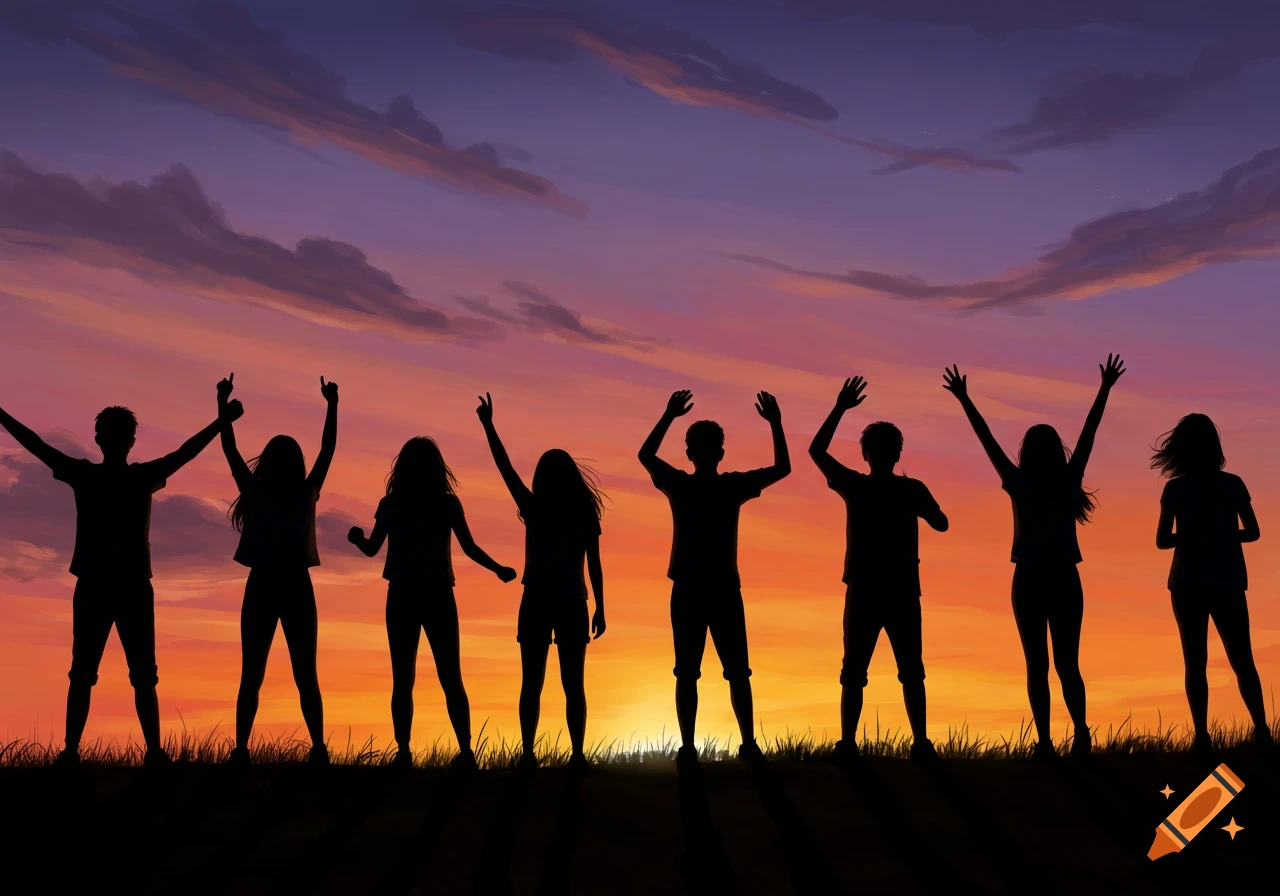 Silhouettes of a group of people raising their arms against a vibrant sunset.