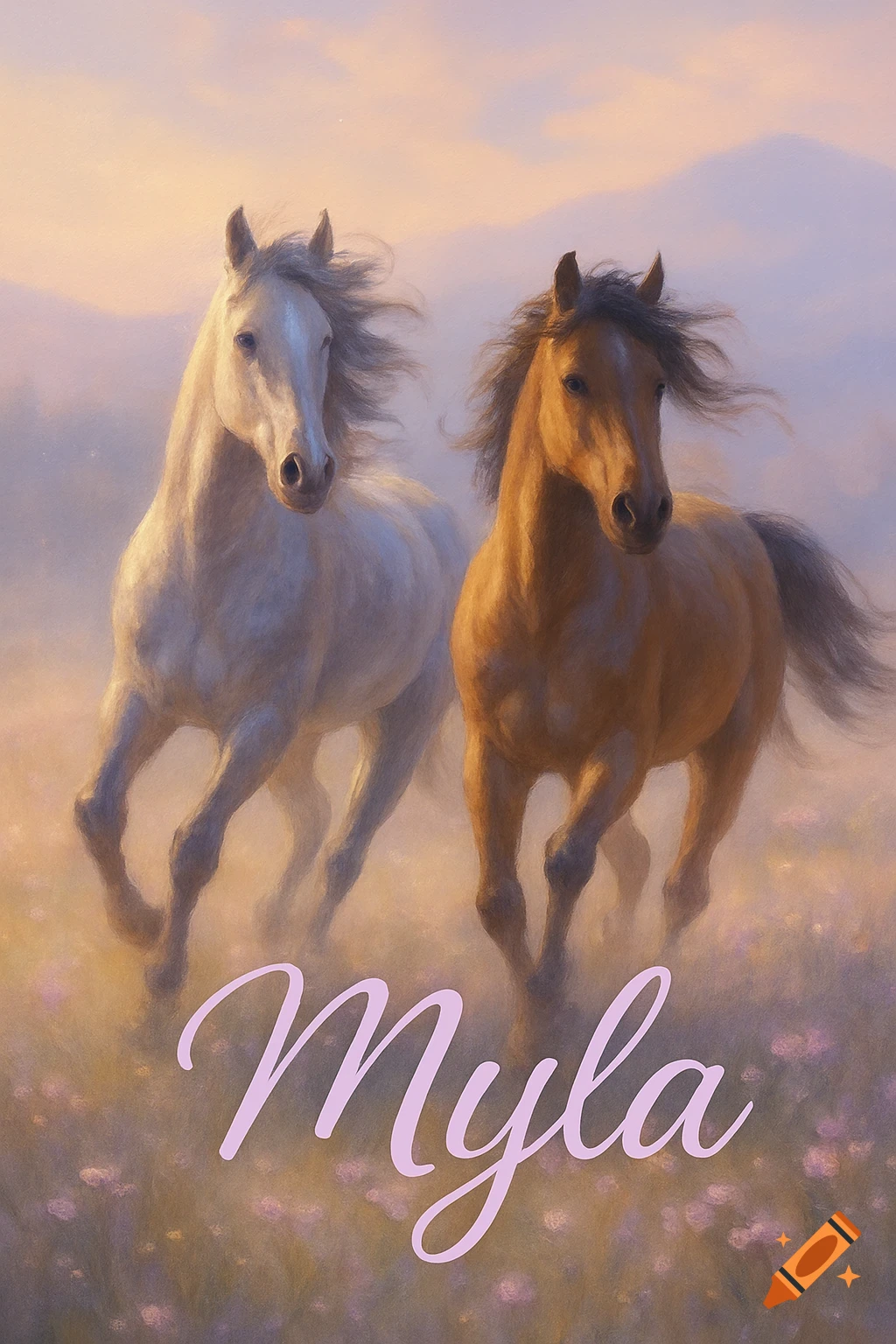 Two horses, one white and one brown, gallop through a misty, pastel-colored field at sunset, with the name "Myla" written in lilac script below them.