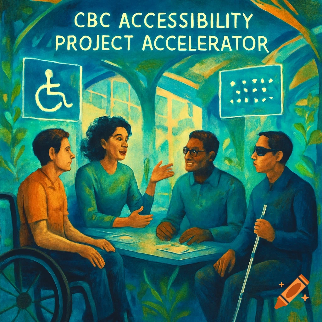 A vibrant, painterly illustration of four people, including a person in a wheelchair and a blind person, discussing at a table under the text 'CBC Accessibility Project Accelerator'.