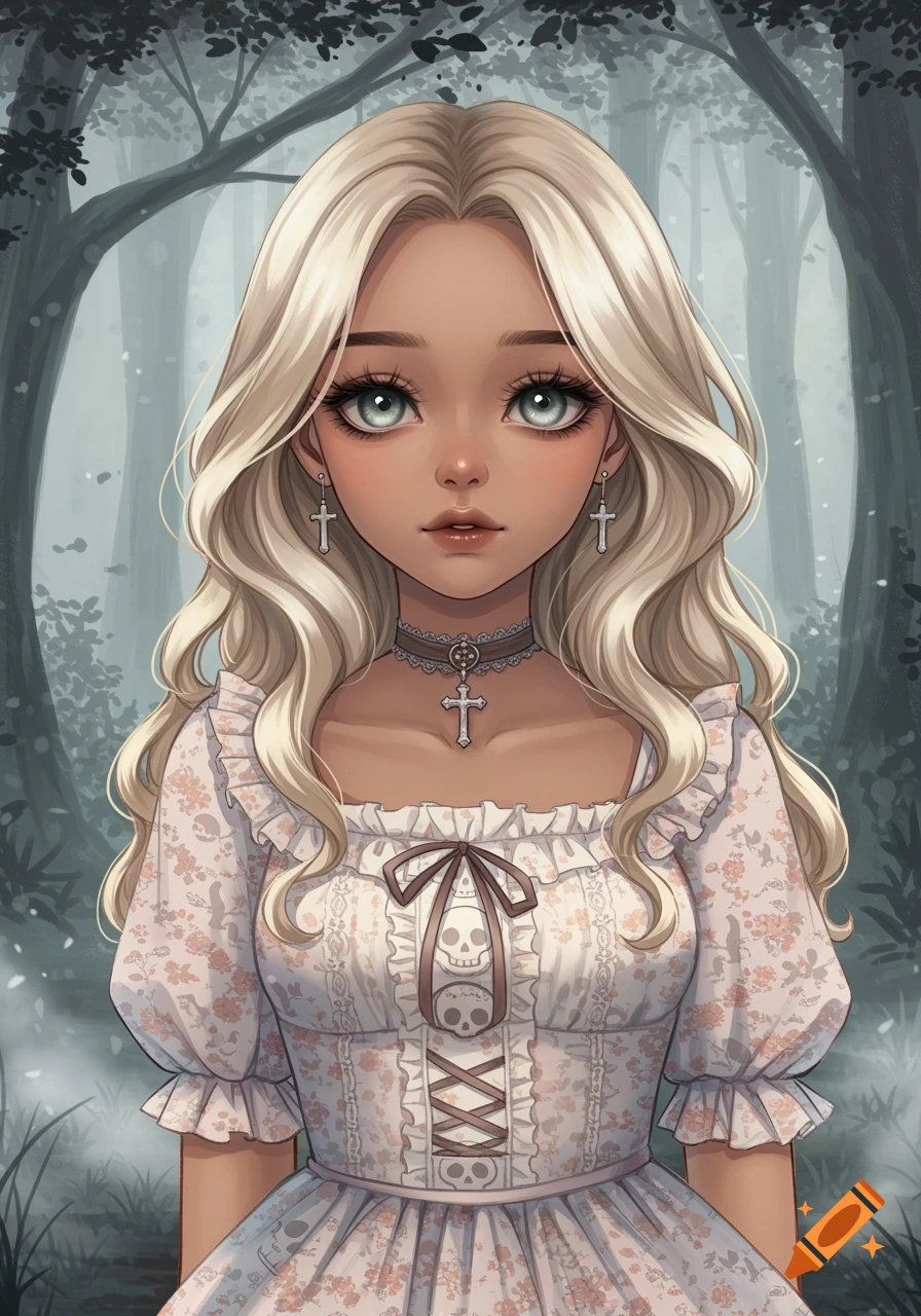 An anime girl with long blond hair, grey eyes, and tan skin wears a gothic-style white dress with skull patterns, cross jewelry, standing in a misty forest.