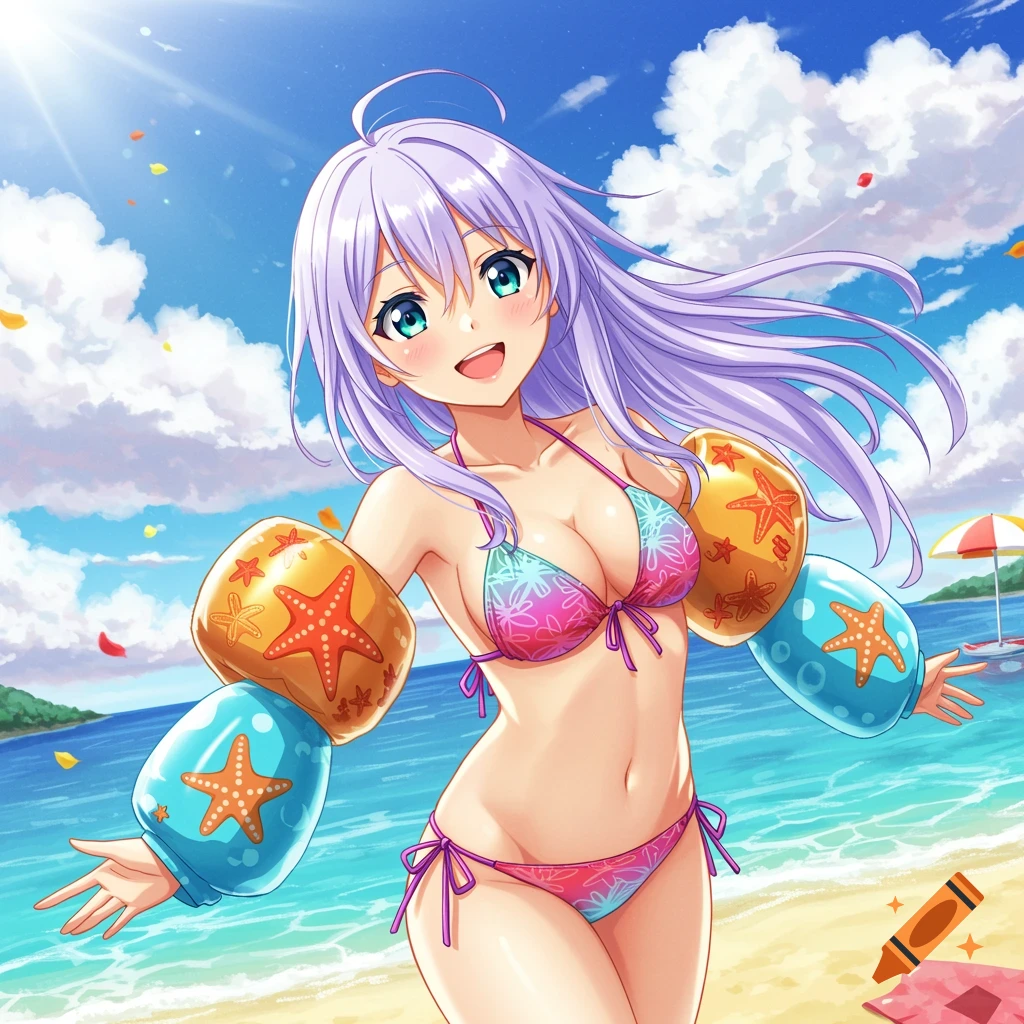 An anime girl with purple hair smiling happily on a sunny beach, wearing a colorful bikini and arm floaties.