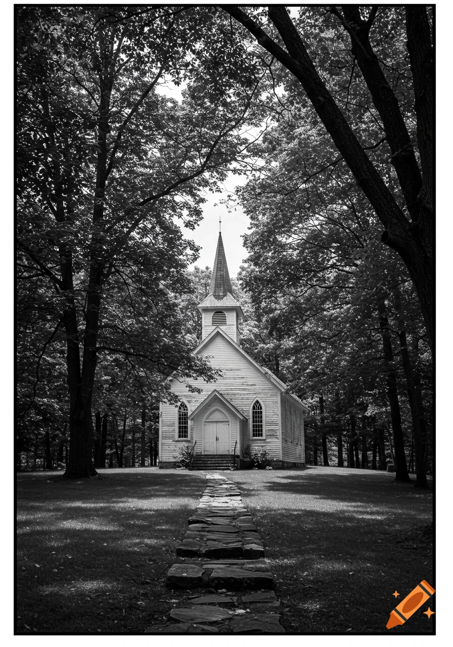 Black and white photo of a vintage country church nestled among trees, with a stone path leading to its entrance.