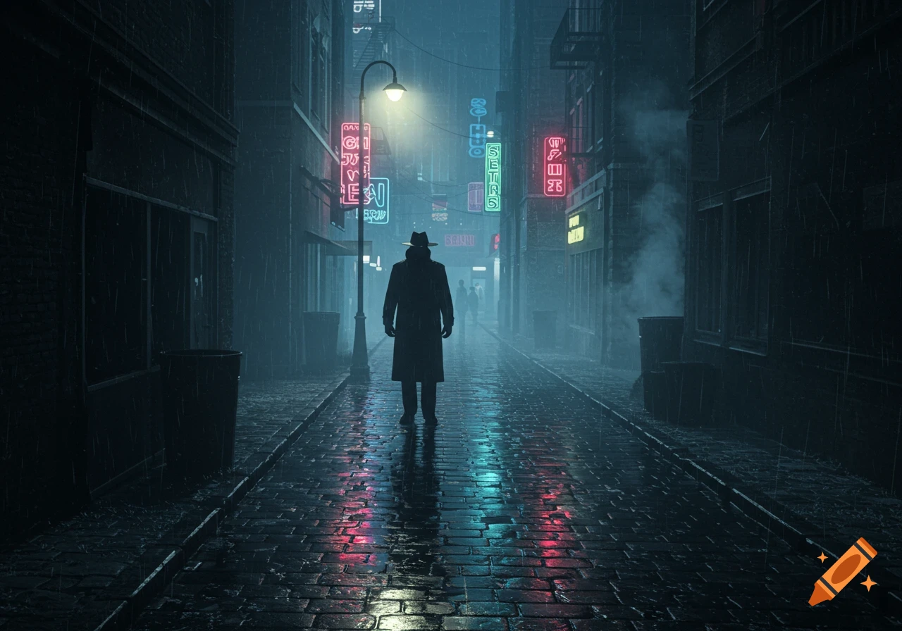A person in a trench coat and fedora stands in a dark, rainy city alley lit by colorful neon signs.