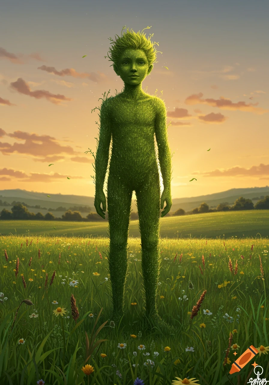 A humanoid figure made of green grass stands in a field of wildflowers at sunset.