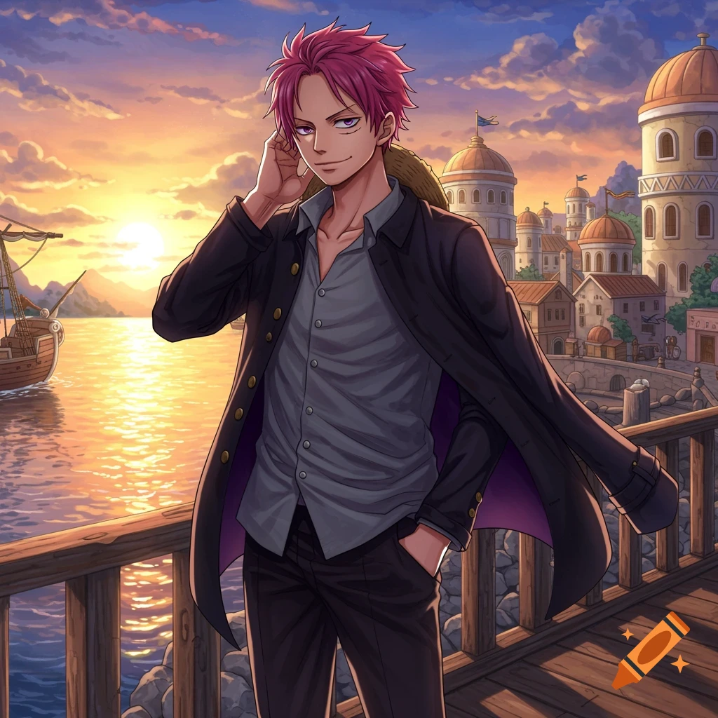 A young man with pink spiky hair and violet eyes stands on a dock, wearing a black blazer and grey shirt, with a port city and sunset behind him in anime style.