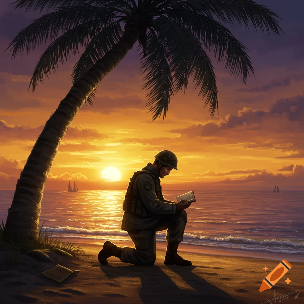 A soldier kneels on a beach under a palm tree at sunset, reading a small book by the ocean, in a painted style.