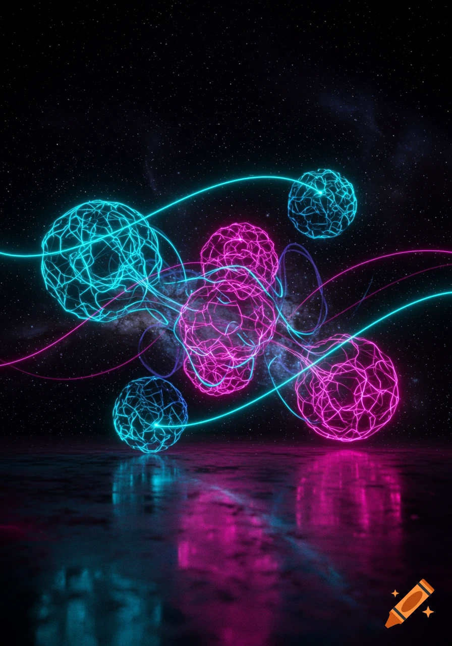 Glowing cyan and magenta spheres with interconnected lines floating in space above a reflective surface.