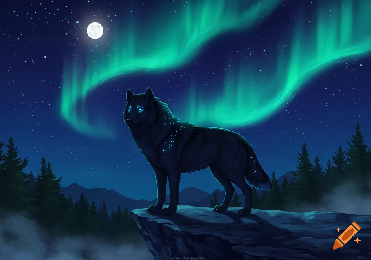 A majestic black wolf with glowing blue eyes stands on a cliff under a full moon and vibrant green aurora borealis.