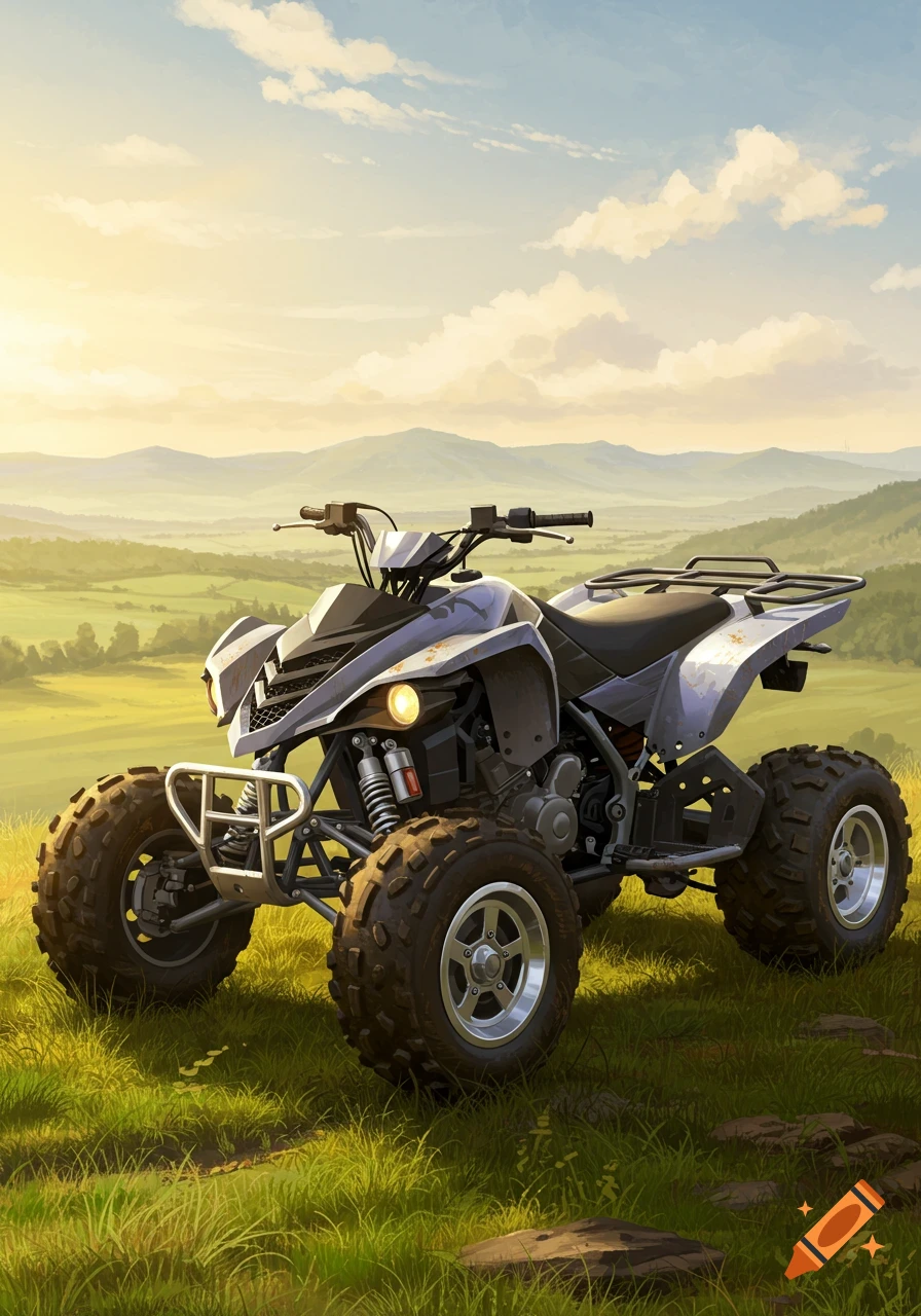 A grey and black four-wheeler ATV on a grassy hill, with rolling mountains under a cloudy sky.