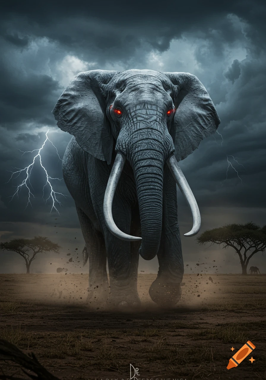 A large elephant with glowing red eyes and long tusks walks through a stormy savanna landscape with lightning.