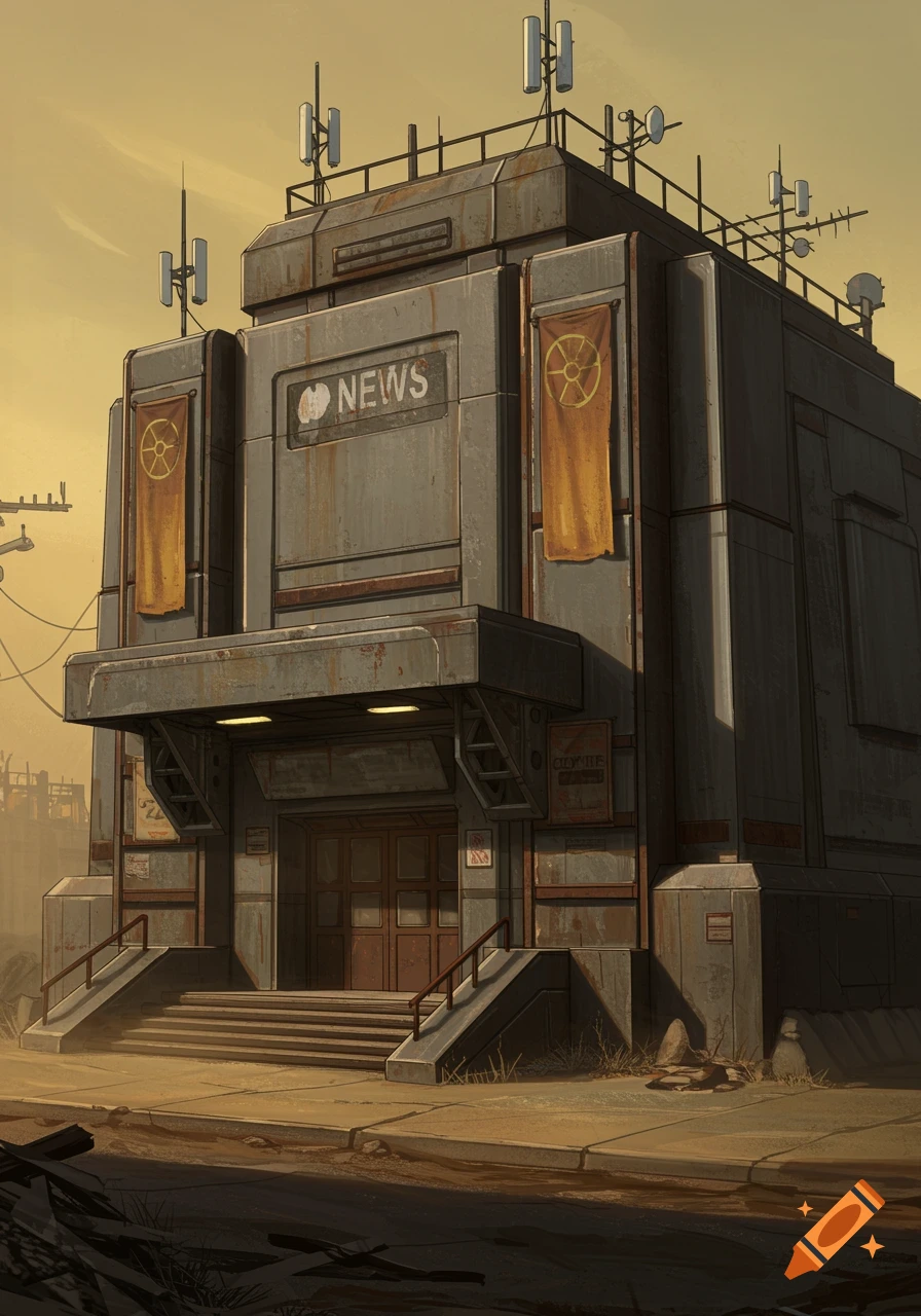 A grungy, post-apocalyptic news building with 'NEWS' prominently displayed, under a dusty orange sky.