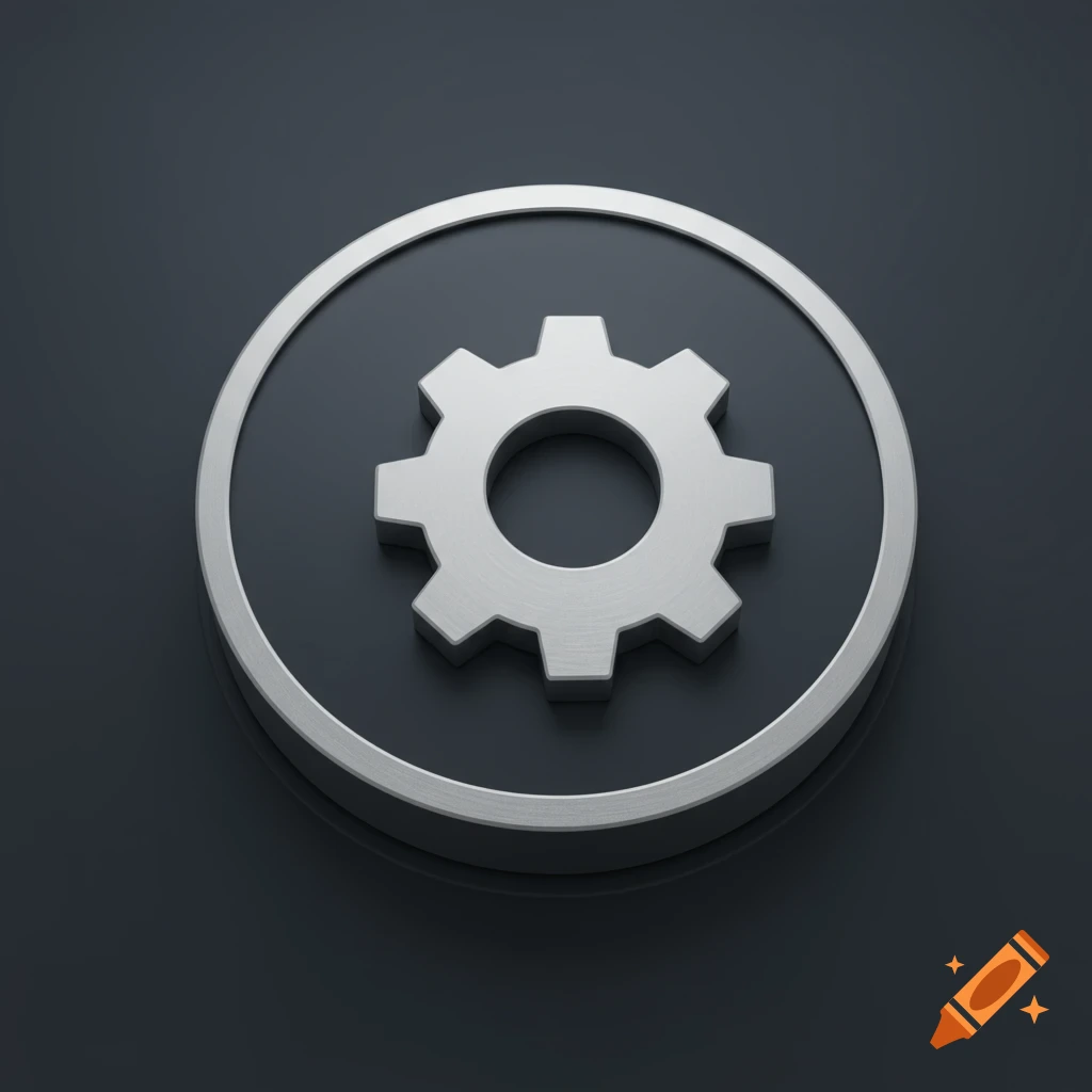 A silver gear icon centered on a circular dark gray background.