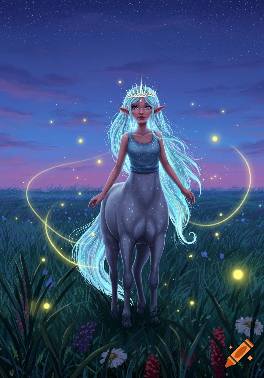 A mystical centaur girl with glowing blue hair and a crown stands in a starry field with fireflies at dusk.