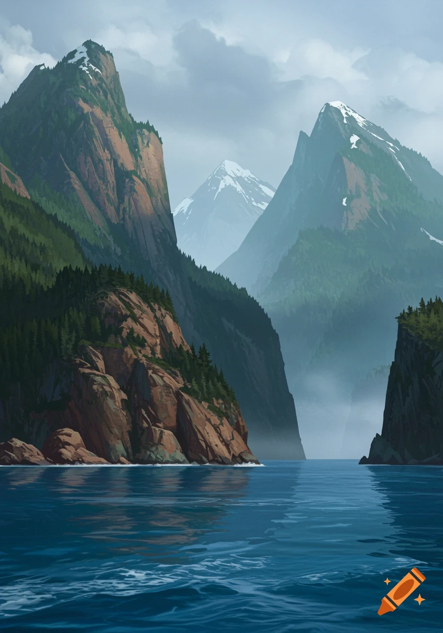 A dramatic painting of a dark blue sea surrounded by towering, green-forested mountains with snow-capped peaks under a cloudy sky.