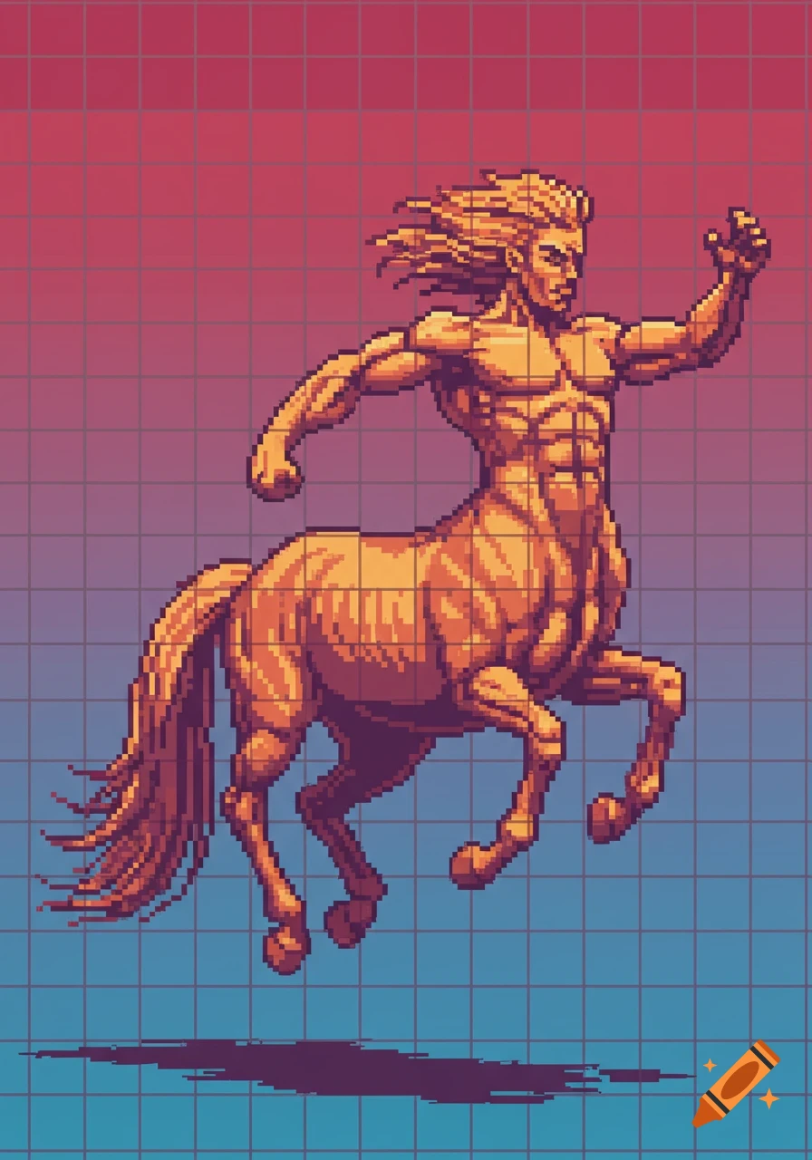 Muscular male centaur charging forward in pixel art style against a red to blue grid background.