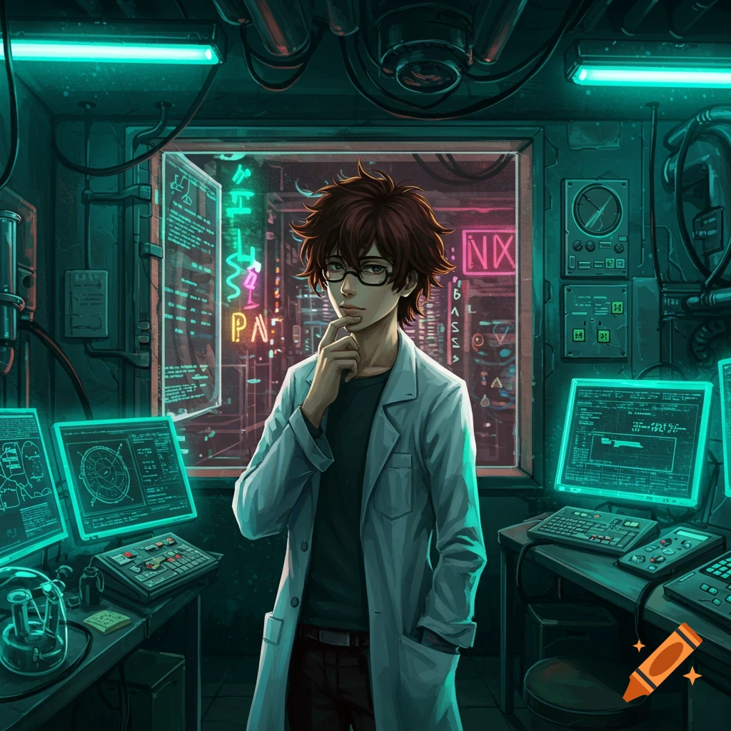 An anime-style character with brown hair and glasses in a white lab coat stands in a neon-lit cyberpunk lab filled with screens.