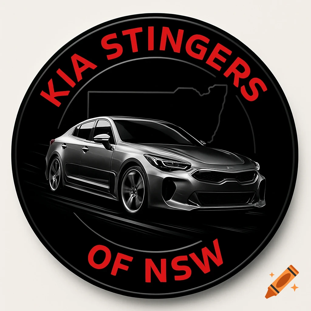 Circular black logo with red text 'KIA STINGERS OF NSW' featuring a silver Kia Stinger car and a faint map outline.
