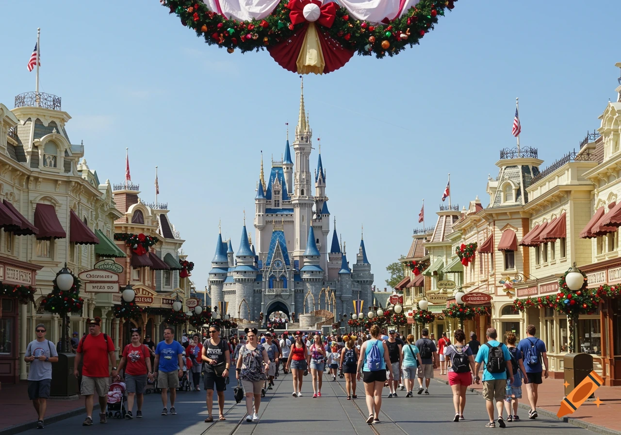 Cinderella's Castle at Walt Disney World with Christmas decorations and crowds of people on Main Street USA.
