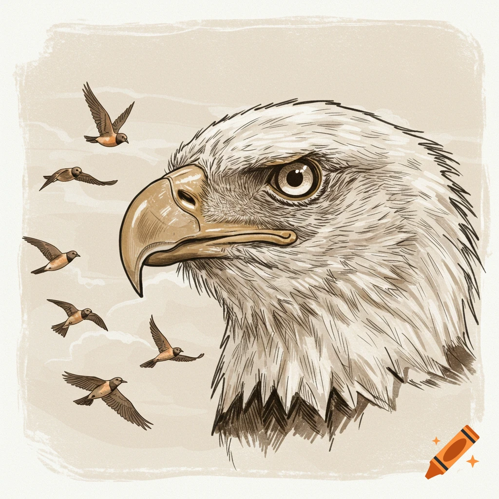 A hand-drawn illustration of a stoic bald eagle head with smaller birds flying in the background.