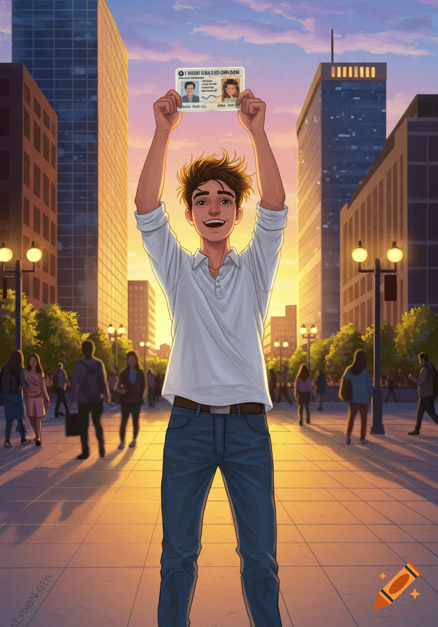 A smiling young man in a white polo shirt and jeans stands in a city street at sunset, holding an ID card high above his head.