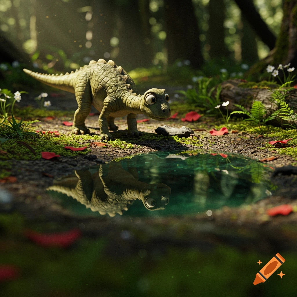 A cute, stylized dinosaur looks into its reflection in a forest puddle, with sunlight filtering through trees.